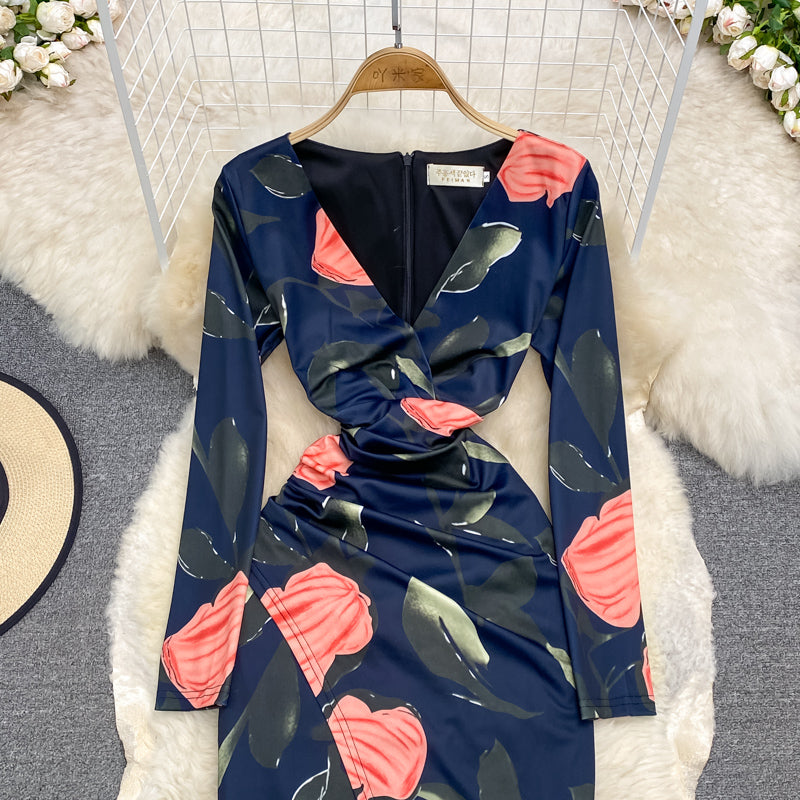 Sexy Taillenverschluss mit V-Ausschnitt und offener Hüfte Wickelkleid mit langen Ärmeln 3787