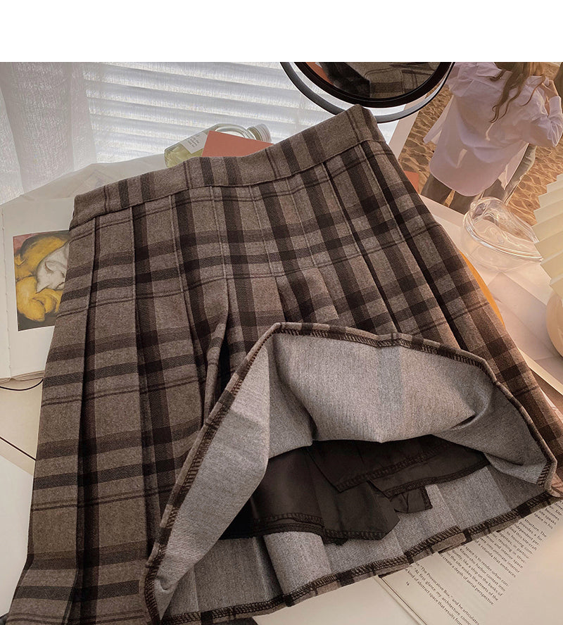 Pleated plaid skirt women's high waist skirt  5486