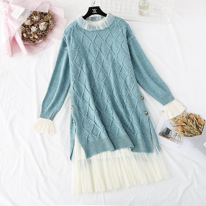 Retro-Pullover-Pullover + Rock mit Netzboden, zweiteiliger Anzugrock 3957