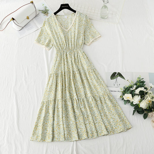 Neues, süßes, gebrochenes Blumen-Chiffon-Französisch-Retro-Spitzenkleid mit V-Ausschnitt, schmales Kleid 4873