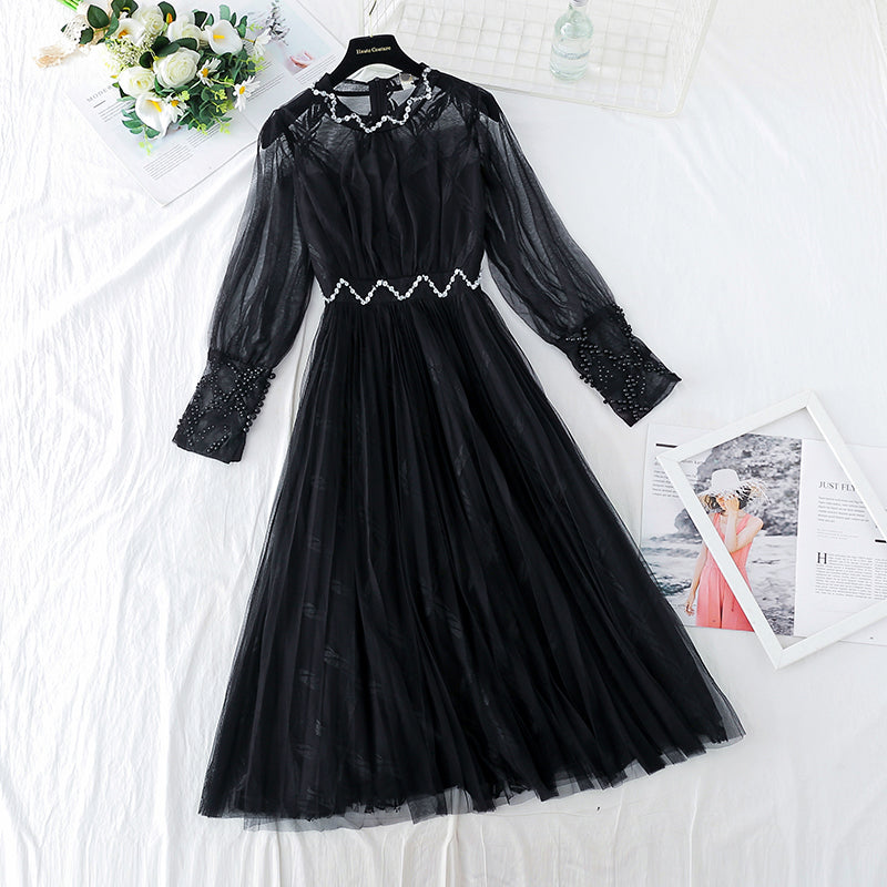 Slim waist, sweet pearl Sequin mesh fairy long skirt  4400