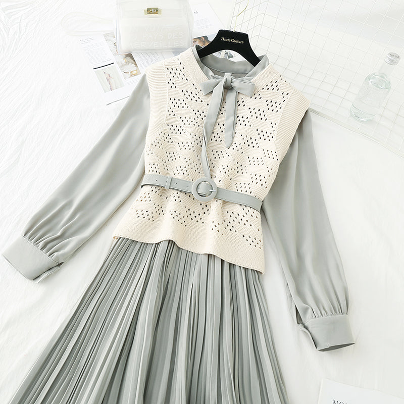 Knitted vest with pleated skirt two piece set fairy Sen Department   3920