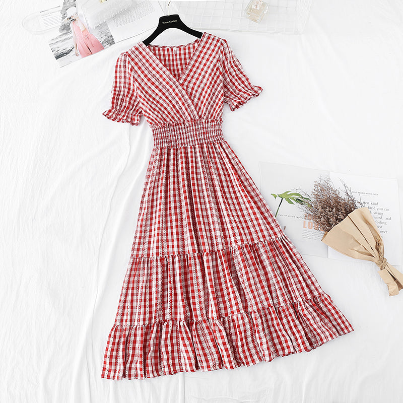Kariertes Temperamentkleid mit Rüschenärmeln, dünnes Kleid im Göttinnenstil 4206