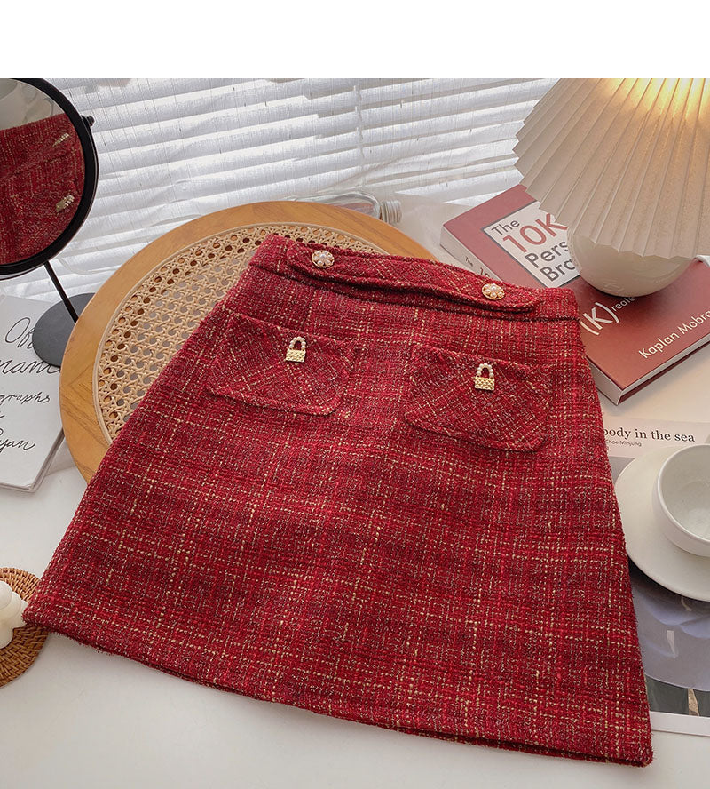 Jupe courte en tweed de soie brillante pour femme Jupe taille haute à carreaux rétro en forme de A 5510