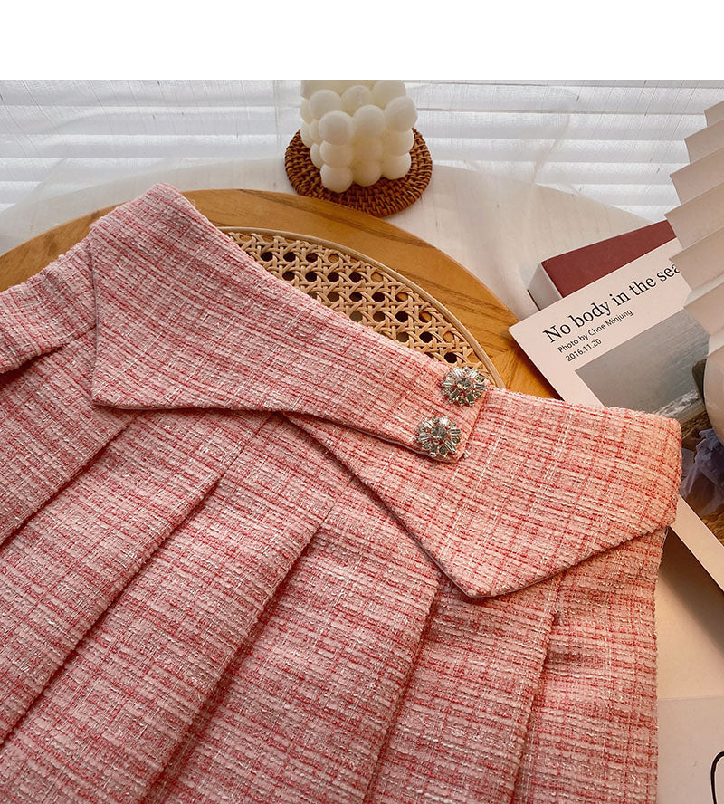 Korean version design shows thin high waist tweed A-shaped plaid skirt  5502