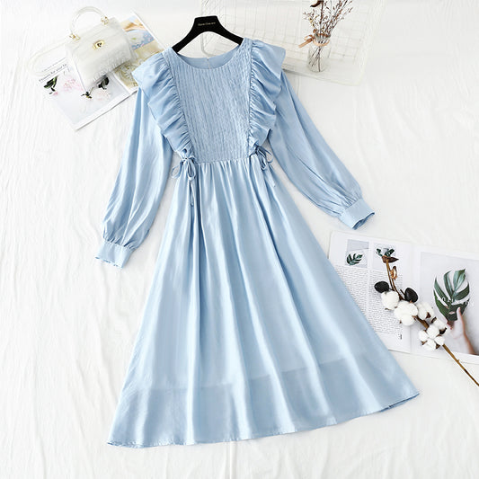 Long sleeved white dress French simple temperament  4225