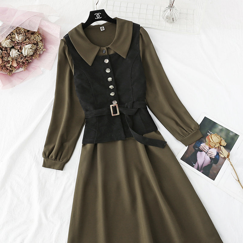 New Vest + French retro doll neck long sleeve bottomed skirt  3949