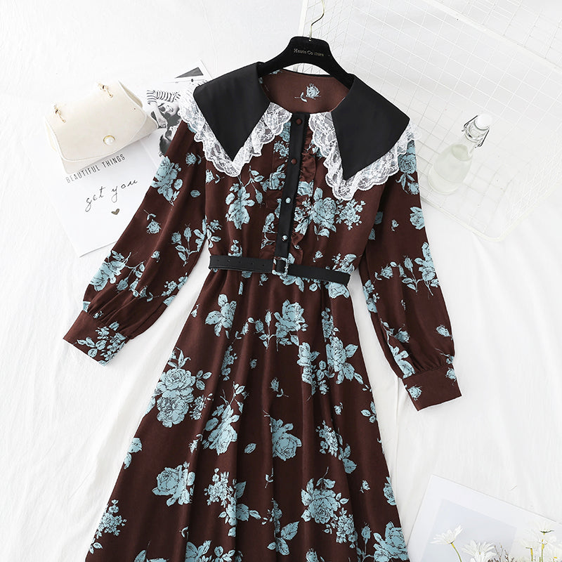 Gentle wind Vintage Lapel lace stitched Chiffon Skirt  4095