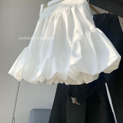 Splicing bubble flower bud cloud skirt, spring skirt, high waist A-line skirt  3666
