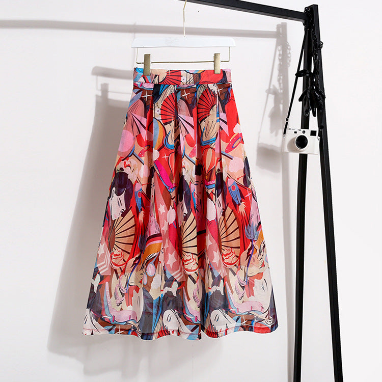 New skirt, silver print beauty, high waist long A-line skirt  3689