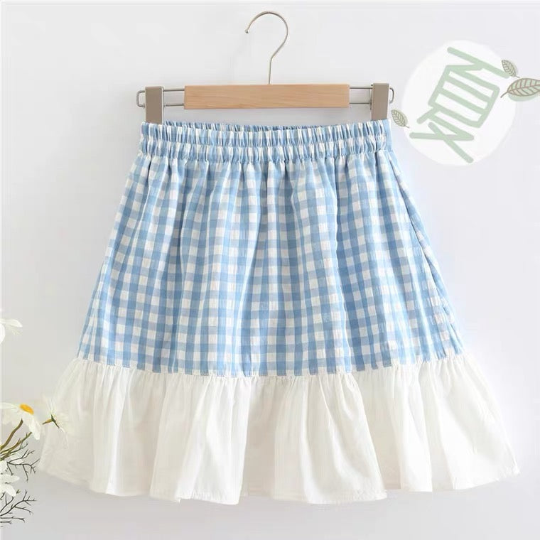 Light blue plaid flounces A-line skirt, summer, high waisted skirt for students  3575