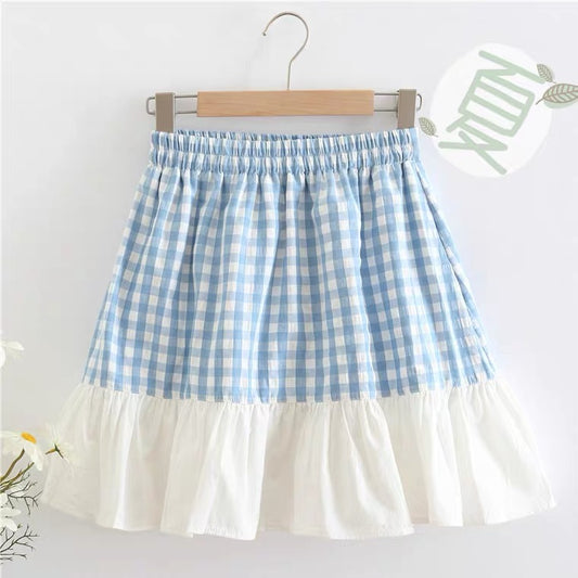 Light blue plaid flounces A-line skirt, summer, high waisted skirt for students  3575