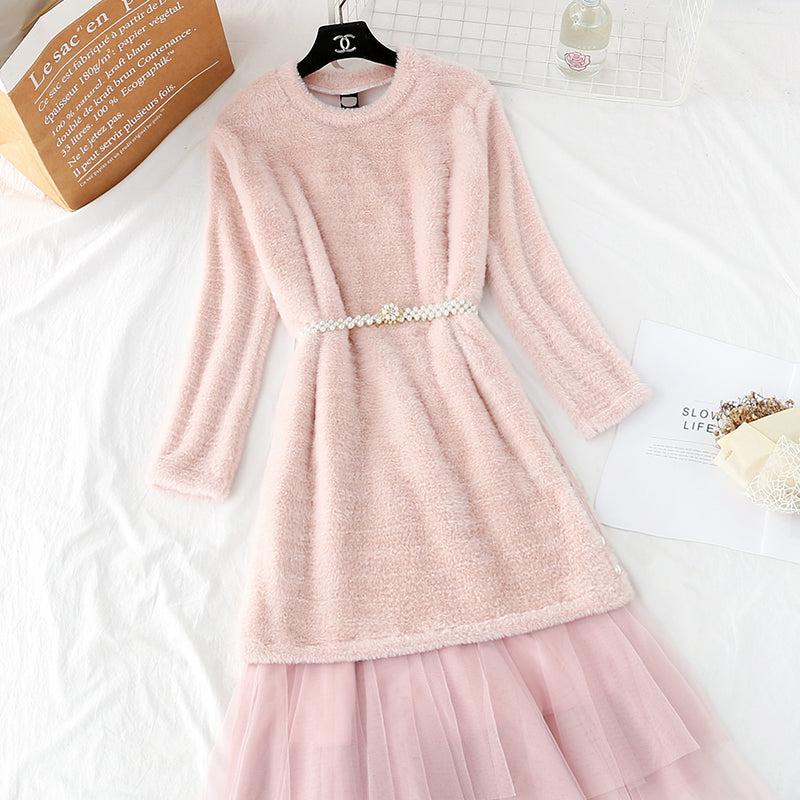 Mink sweater female + mesh skirt two piece set  3954