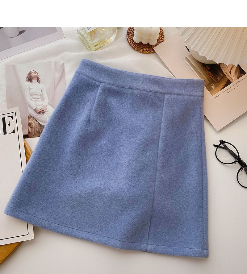 Woolen skirt sweet solid color high waist thin A-line skirt  5438