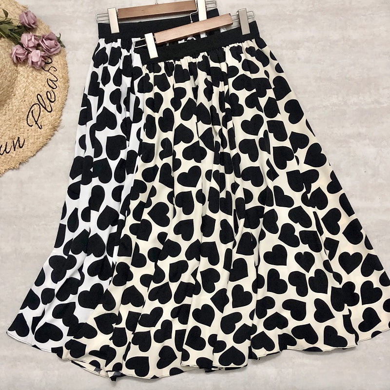 Summer skirt, heart print A-line skirt, cotton drape midi umbrella skirt  3676