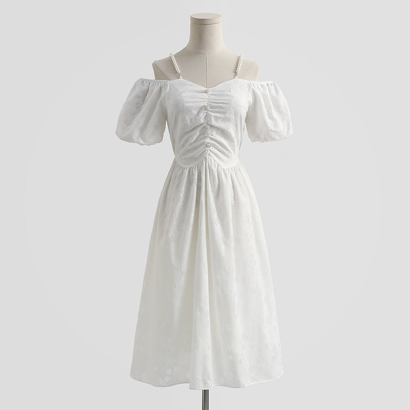 Französisches schulterfreies Kleid aus Baumwollleinen mit Hosenträgern 4293