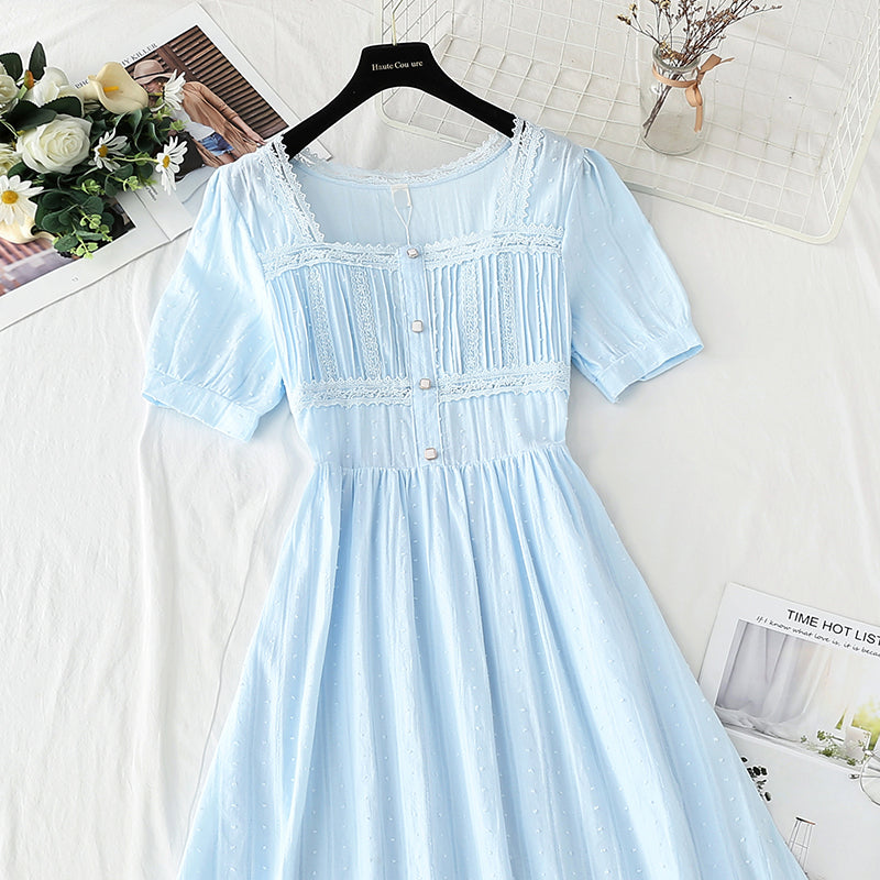 French Square Neck Lace stitching, waist closing, thin first love skirt  4240