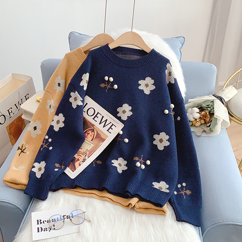 Vintage-Blumen-Pullover Rundhals-Jacquard-Pullover 5207