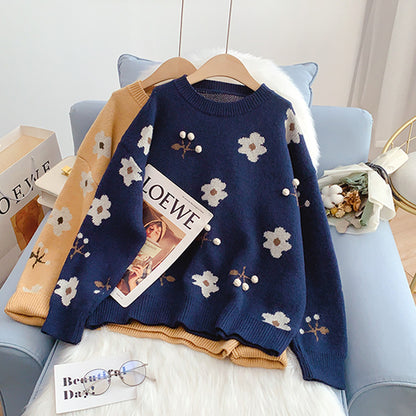 Vintage-Blumen-Pullover Rundhals-Jacquard-Pullover 5207
