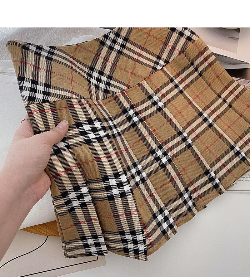 Khaki pleated skirt women's high waist A-line plaid skirt  5314