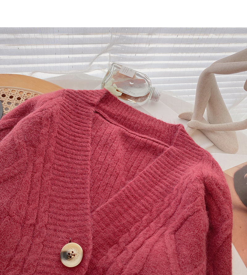 Single breasted Vintage loose V-Neck Sweater Coat  6171