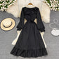Bubble sleeve square neck dress waist strap black small foreign skirt  3789