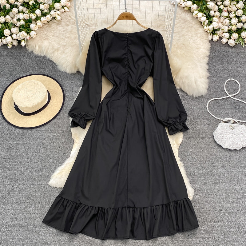 Bubble sleeve square neck dress waist strap black small foreign skirt  3789