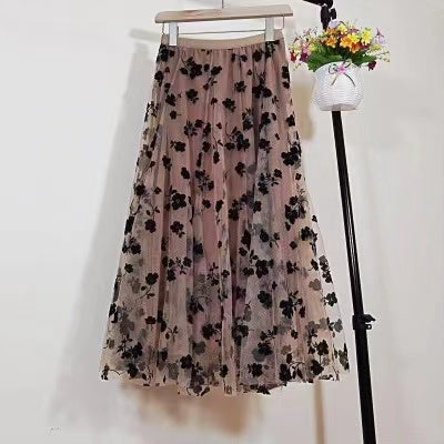 New skirt, flocking flower embroidered mesh gauze skirt  3697