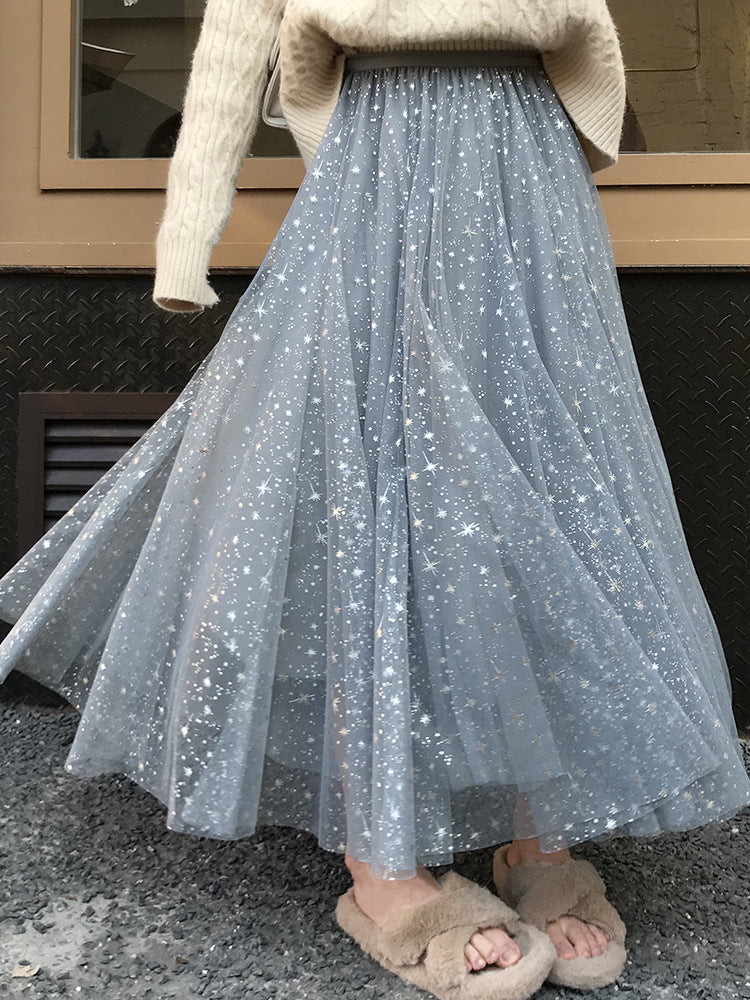 New style, starry sky skirt, fairy A line bouffant long skirt, sequined star tulle skirt  3590