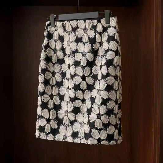Mesh lace flower sequin skirt, elegant temperament skirt  3642