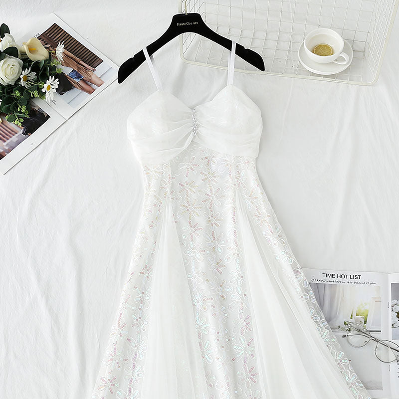 French white suspender dress mesh splicing sequins  4412