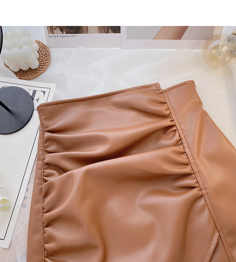 High waist pleated design, irregular, slim, hip wrapped leather skirt  5323