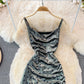 Velvet sexy swing neck long suspender drawstring split dress  3757