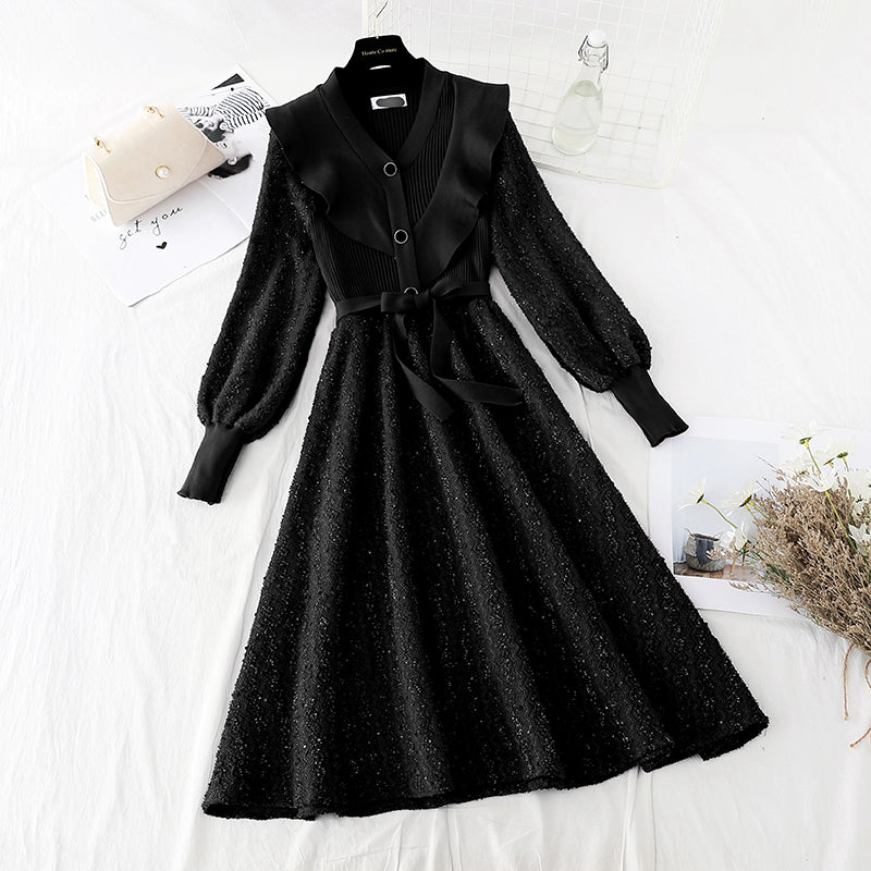 Thin wood ear lace up red dress female  4093