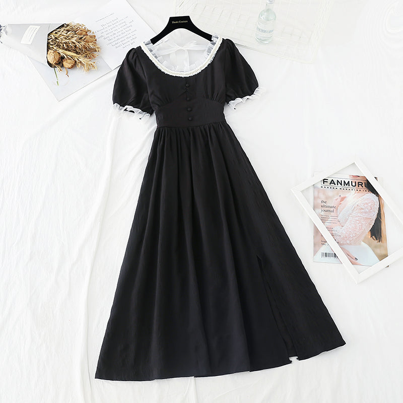 New cut waist thin split French dress  4668