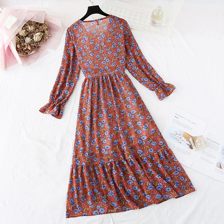 V-neck floral skirt with a slim waist and a long skirt with a large swing  4029
