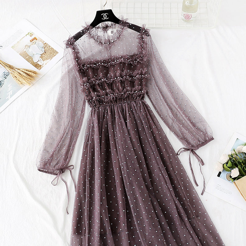 Sanftes Windnetzkleid Französisches Retro-Interieur mit unterem Rock 4004