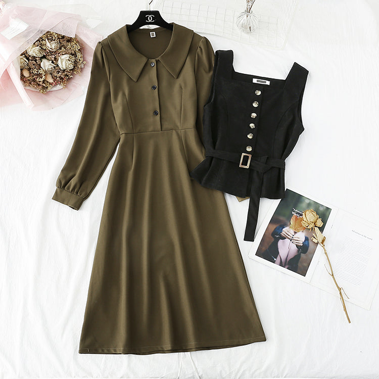 New Vest + French retro doll neck long sleeve bottomed skirt  3949