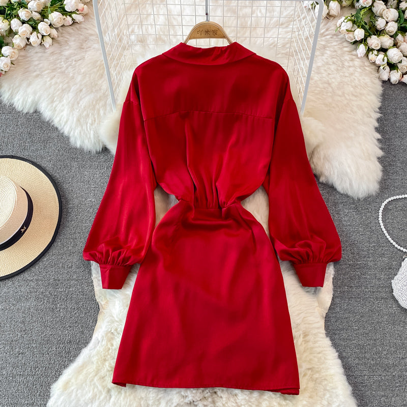 Lapel waistband slim pleated buttock bottomed dress  3752