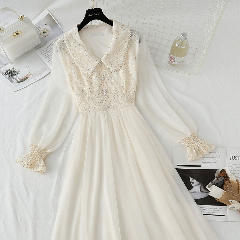 Sequin lace dress doll neck French gauze Fairy Dress  4433