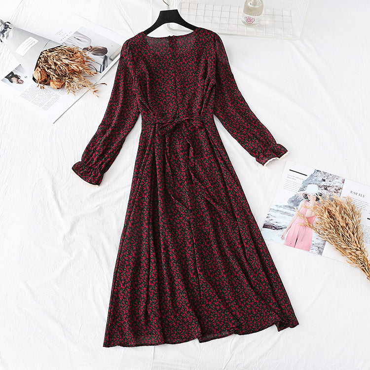 French retro super fairy square collar Lace Floral bottomed long skirt  3997