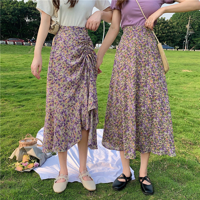 Midi floral skirt, new style, high waist, drawstring fishtail A-line skirt  3652