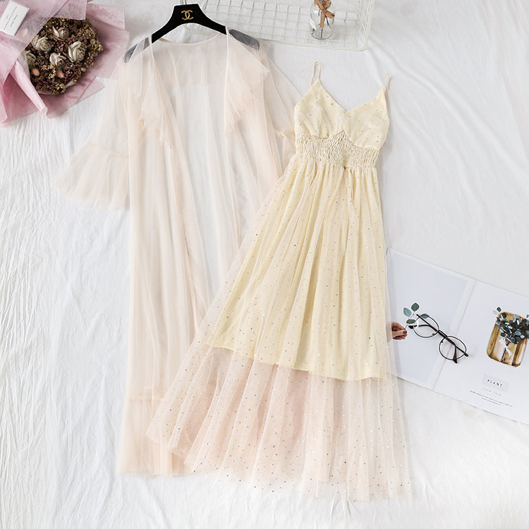 Sequin mesh dress suspender skirt two piece suit  4478