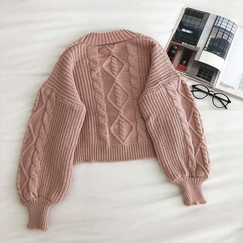Loose coat women's long sleeve retro three button sweater  5836