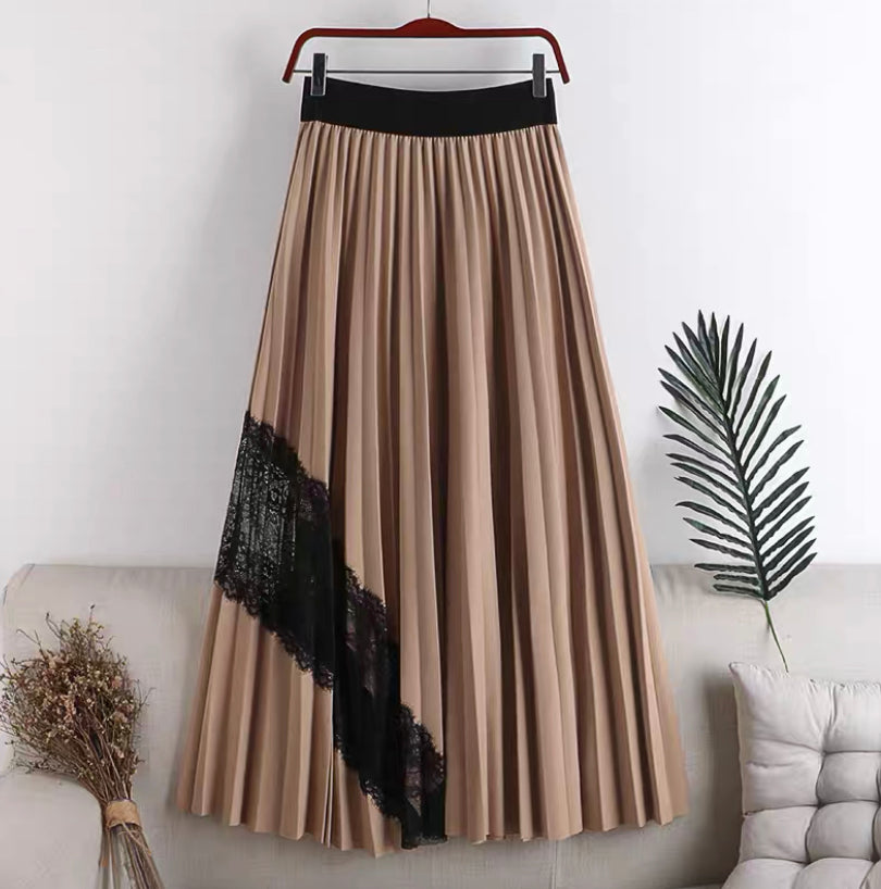 New style, high waist, large swing, elastic waist, pleated spliced lace mid-length skirt  3624