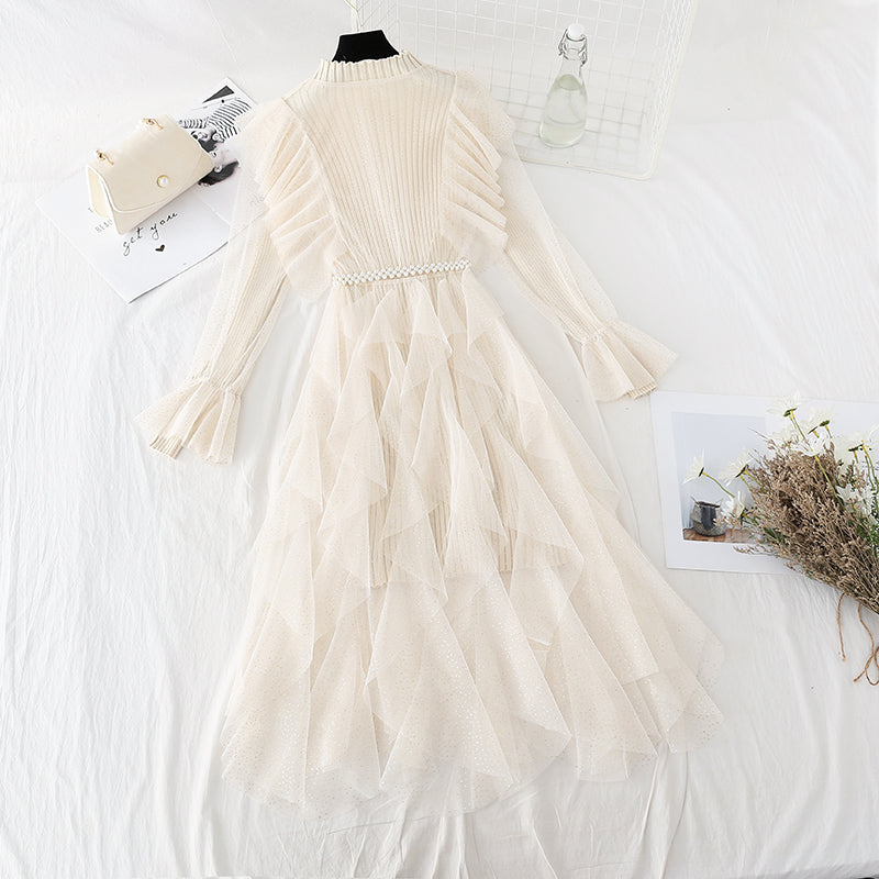 Embroidered mesh shows thin temperament knitted dress for women  4092
