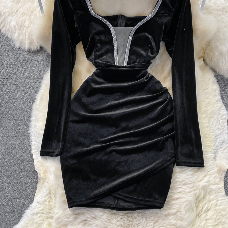 V-neck velvet with diamond waist slim sexy hip wrap dress  3742