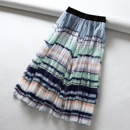 Neuer Großhandels-Regenbogenstreifen-Mesh-Plissee-Halbrock mit hoher Taille für Damen 3721