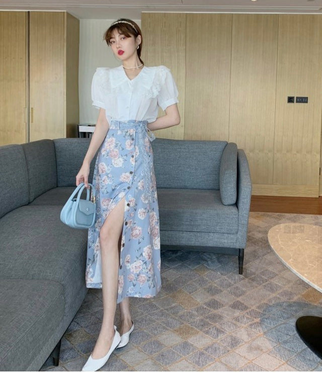 New style, temperament, midi split skirt, long floral A-line skirt  3552
