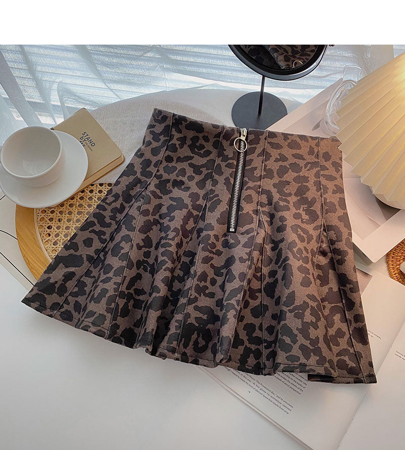 Design sense personalized zipper high waist A-line leopard skirt  5315